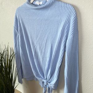 Powder Blue Knit Long Sleeve Light Sweater with Waist Tie Detail